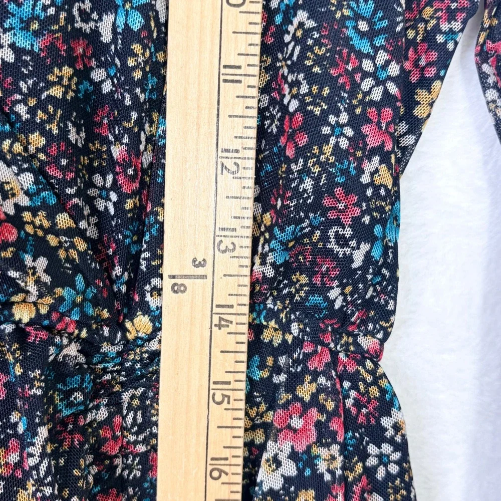 AVLN STUDIO Floral Faux Wrap Dress Long Sleeve Sheer‎ Mesh Ruffle Mini Black